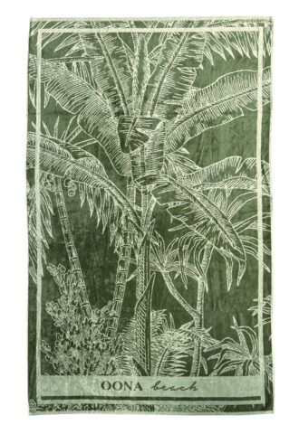 Serviette verte motif tropical, inscription Oona beach.