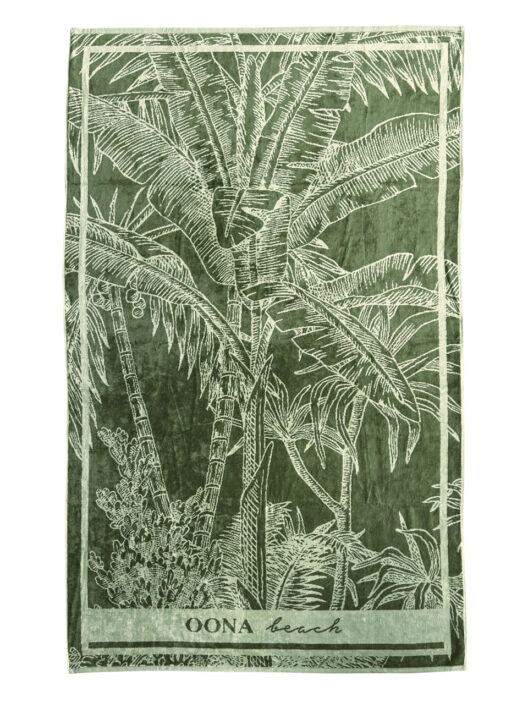 Serviette verte motif tropical, inscription Oona beach.