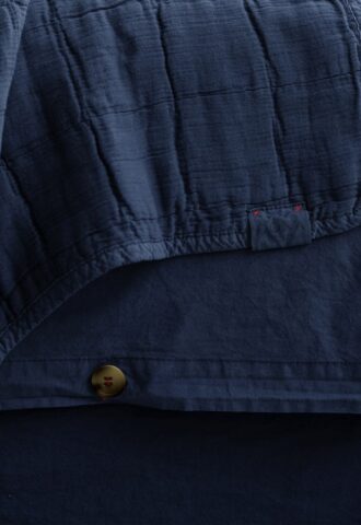 Boutons sur tissu bleu foncé plissé.