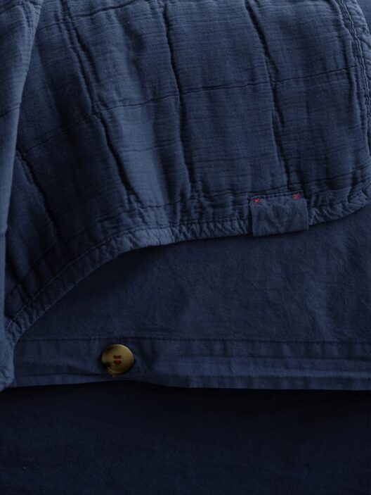 Boutons sur tissu bleu foncé plissé.