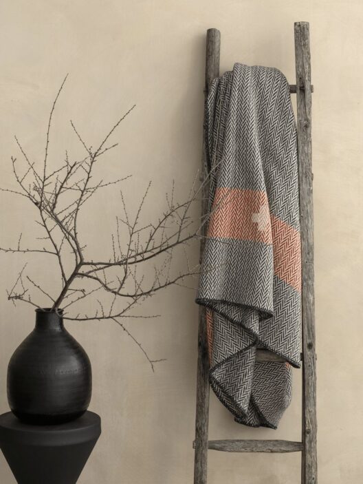 Échelle avec plaid et vase décoratif.