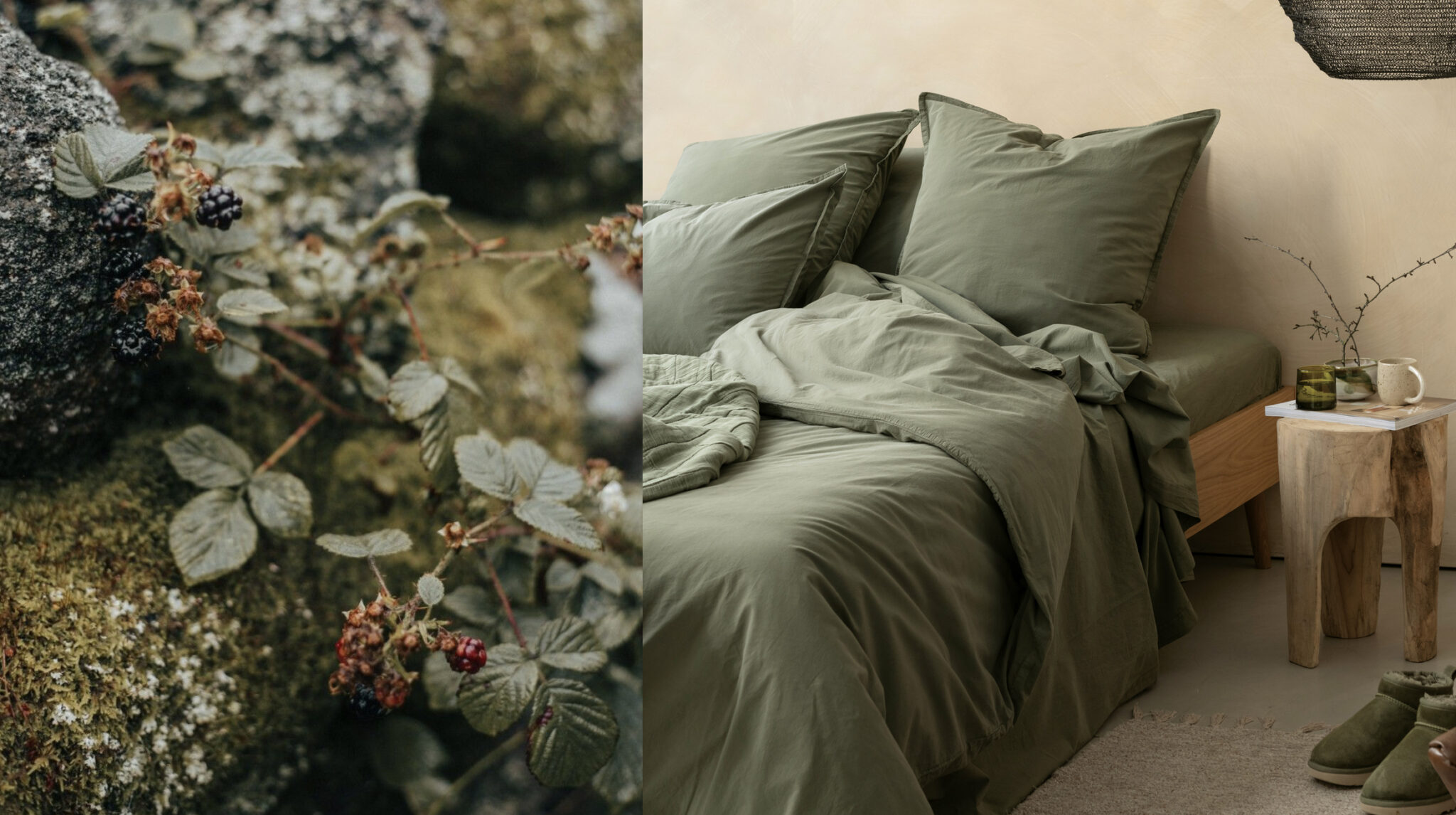 Mur verdoyant et lit avec draps verts.